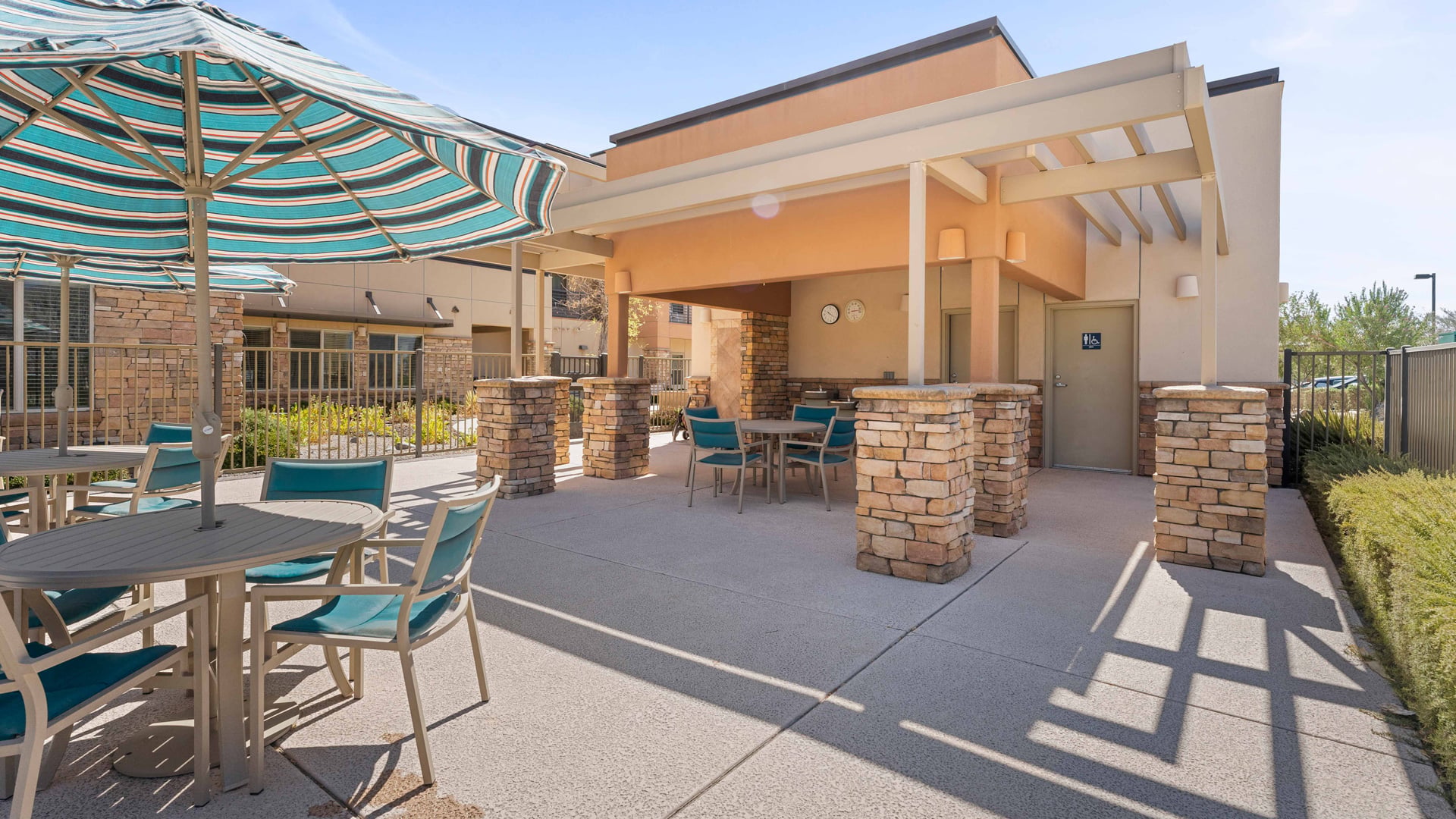 The outdoor patio at The Palms at La Quinta
