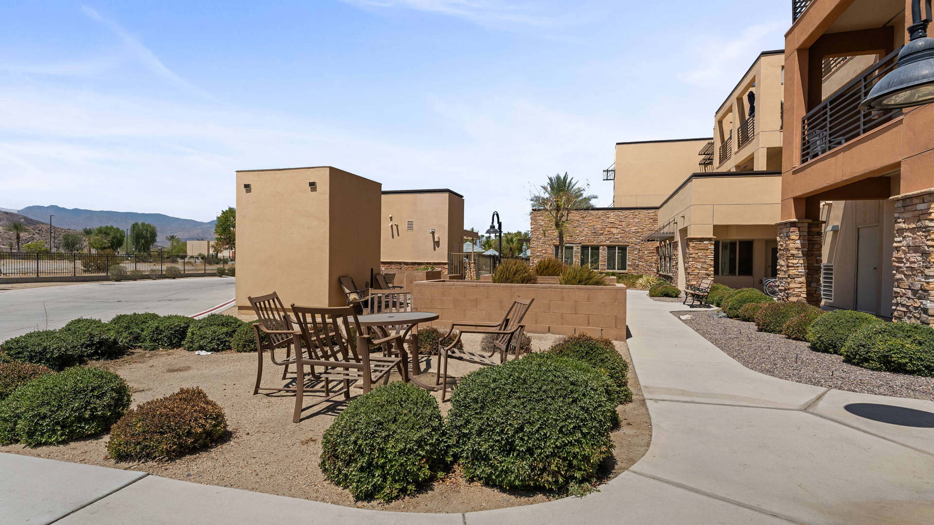 The outdoor patio at The Palms at La Quinta
